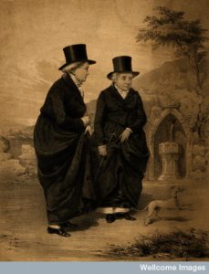 V0007359 Sarah Ponsonby (left) and Lady Eleanor Butler, known as the Ladies of Llangollen, outside with a dog. Lithograph by J.H. Lynch, 183-, after Mary Parker (later Lady Leighton), 1828. By: Mary Leighton after: James Henry Lynch, Quelle: wellcomeimages.org, @ CC BY 4.0