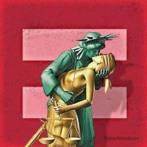 HRC-Logo in rot: Lady Liberty küsst Justizia